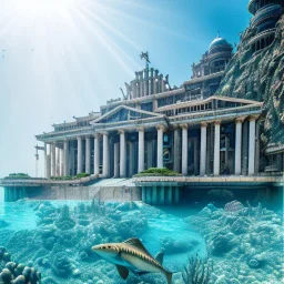 lost underwater city, Poseidon, highly detailed, cinematic, ultra photorealistic, ultra realistic, volumetric lighting, sun shafts, spectral