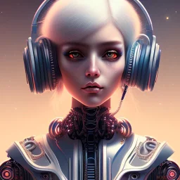 Extremely detailed and elaborate cyborg girl with big eyes white hair with headphones art by Ilya Kuvshinov with an intricate metal shield. Sci-fi futuristic fantasy realistic visually stunning deep colors colorful 4k 8k IMax CryEnginecyborg girl with big eyes white hair with headphones art by Ilya Kuvshinov