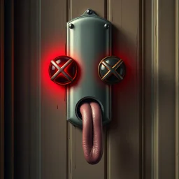 doorbell that has X's for eyes and a tongue hanging out, concept art, digital art, hyperrealistic