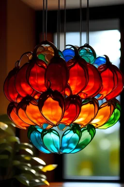 Hanging lampshade made out of mirrors that look like big petals of a flower, it has tinted glass, red, blue, orange,green