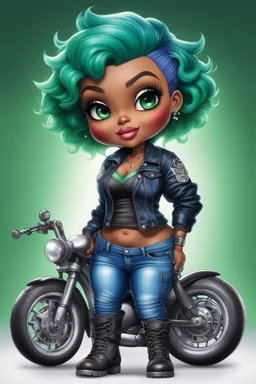 create an airbrush illustration of a chibi cartoon voluptuous black female wearing a blue jean outfit with biker boots. Prominent make up with hazel eyes. Extremely highly detail of a very low green pixie haircut. Background of a bike show.