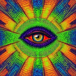 make a magical psychedelic background with the all seeing eye with the current color grid: orange, green, purple and blue