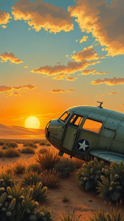 A side view of a1950 military 2 engines airplane with broken glass and doors in front of crashed in realistic desert sunset with sand dunes , in a forgotten battlefield over run by vegetation, cutesy tiktok detailed oil painting, grainy, old style