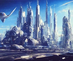 Spaceship starting from a Spaceport on a heavy industrialized planet with a vibrant city in the background, art by John Berkey, buildings with glass facades, insanely detailed, vibrant, 8k uhd, cinematic atmosphere, ultra-wide angle, street level view, brush strokes, blue sky with clouds, sharp focus