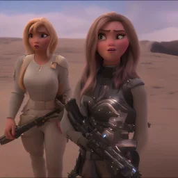 A girl with big boobs and beautiful and large military rifle in the galactic space