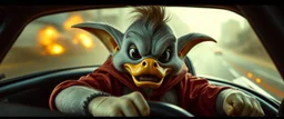 Donald gremlin fikk noe av stoffet til å detonere ved ett uhell. Når Donalditt brukes som drivstoff, utløser det vanvittige krefter. In the style of Rembrandt and Fallout 4, Donald in a fast car. Background blur. Movie poster. Wild look.Mad mad and furiosa as ducks.