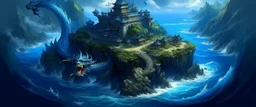 A dark blue island with a dragon palace painted by Zhang Lu