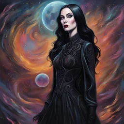 oil brush painting of a character that looks like Morticia. Wearing a black dress and black boots. Beautiful, stunning, spectacular, 8k resolution holographic astral cosmic illustration mixed media by Pablo Amaringo