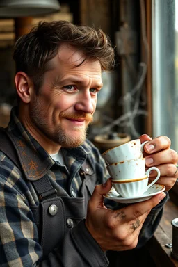 a young dirty mechanic man enjoying high tea by himshelf with little cakes