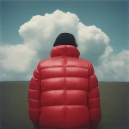 A cloud, red, autochrome, plastic puffy jacket