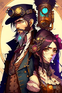 anime couple, steampunk , colorful, man with beard and woman with dark hair