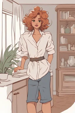 a short anthropomorphic vixen with wavy hair. Wearing short and a loose shirt standing in her living room