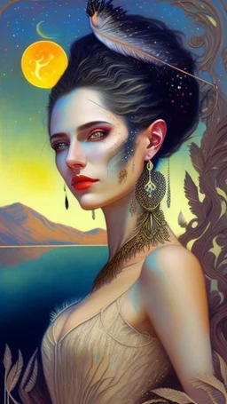 portrait of a woman smoking a cigarette, nebulas seeping into her brain, crescent moons in her eyes, feather earrings in her ears, a crescent moon to right, a wrought iron fence and a lake behind, a mountain range in the distance by seraphinianus kodex, karol bak