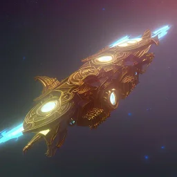 huge ornate spaceship made of brass flying through space