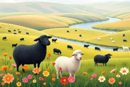 Create a vibrant pastoral scene featuring a colorful landscape. In the foreground, two sheep stand among flowers: one is black with a smooth texture, and the other is white and fluffy. Surrounding them are various stylized flowers in hues of orange, pink, and cream. The midground features a gentle rolling terrain with black sheep and white sheep grazing peacefully, some scattered throughout the grassy field. Towards the background, a serene river winds through the landscape, reflecting the soft