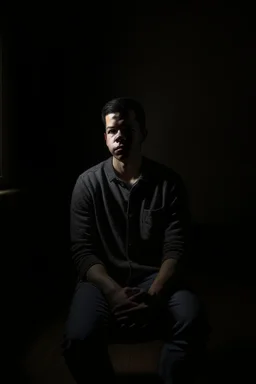 A young man sitting in a room that is half dark and half lit