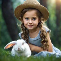 very beautiful realistic10 years old girl with a Rabbit