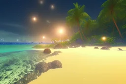 tropical beach, shore ,shoreline, beautiful, path, stars, night time ,trail, lights glowing ,colorful ,nightsky, water, peace, magical,glowing gold sand, beautiful crystal shiny, irridescent, , ocean, hyperrealistic, cinematic lighting, particles, unreal engine, full of details, bright sunshine, light effect, photos realistique, vaporwave colorful, extremely sharp detail, finely,