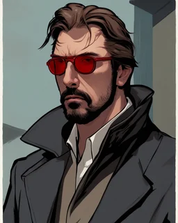 a young man who looks like hans gruber wearing a heavy coat and red sunglasses staring with an irritated look on his face