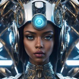 a close up of a person wearing a costume, by Andrei Kolkoutine, afrofuturism, gorgeous 3d render, portrait of a teen robot, andrei riabovitchev symmetrical, artificial intelligence princess, futuristic robot organisms, style = retro-futurism, cyberpunk medusa, perfect android girl family, liquid headdress, cinema 4 d art, elle fanning as an android