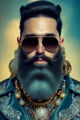 Artistic photo in the audacius style of Jill Greenberg, of man with a luxurious and striking style, abundance of jewelry, oversized square one-piece sunglasses, neat black beard, prints, extravagant, barroque scene , impasto style with thick texture