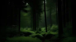 a calm greenery forest scene, different tones of dark green, cinematic photography, dense, slightly dusty, realistic