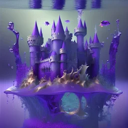 Beautiful 3D mega castle under the water design with a purple A mixture of purple, silver, gold and phosphorus colors