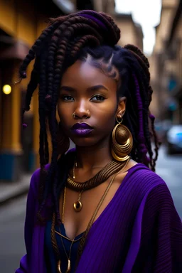 Female, dark skin, full purple goddess locks, golden loop earrings, street wear, baggy clothing