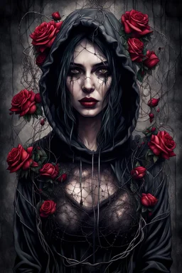 a beautiful and mysterious gothic woman entangled in wire and roses, hoody, dark and gothic lighting, ultra realistic and highly detailed, explosive background, epic, striking messy art style, cracked sealant surface and heavy textures , extremely beautiful