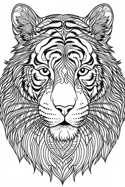 outline art for an Adult coloring page, Sketch style, only use outline< Block print style Tiger, clean line art, white background, no shadows and clear and well