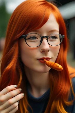 girl with ginger hair in a fringe with glasses and a septum piercing eating a sausage