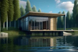 haus am see, modern, freistehend, natürlich wirkende umgebung, fotorealistisch, abgebildet frontal in zentralperspektive (d. h.: Alle senkrechten Linien laufen auf einen Fluchtpunkt zu, alle waagrechten Linien sind parallel.)