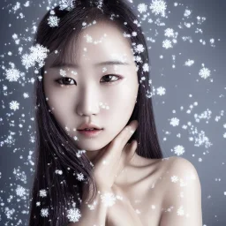 wonderfull korean woman, curves, cyborg, platinum long hair, hair covering one eye, ultradetailed fine art photo of a indian, weet face portrait, snow flakes particles, 35 mm