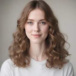 A white girl with medium-length wavy hair, with bangs on the right, a healthy body, 185 cm long, an oval face, slightly red cheeks, wearing braces.