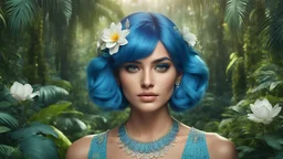fashion photography portrait of indian girl with blue hair, in lush jungle with flowers, 3d render, cgi, symetrical, octane render, 35mm, bokeh, 9:16, (intricate details:1.12), hdr, (intricate details, hyperdetailed:1.15), (natural skin texture, hyperrealism, soft light, sharp:1.2), detailed, sunlight passing through foliage, india