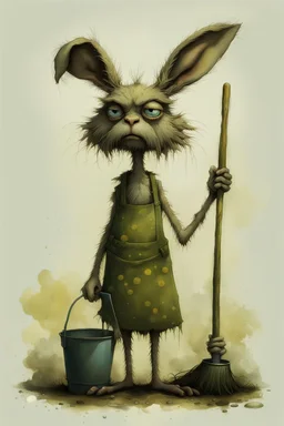 artist Jean-Baptiste Monge style. a unhappy, disgruntled biomorph tall lanky skinny fuzz-headed old dust bunny. skinny arms, legs and body. covered all over in bits of dust and dirt. blue eyes. A yellow dotted green raggedy apron. holding a mop and pail. standing in a cloud of dust. large bits of dirt flying around his head. In Style of Tim Burton