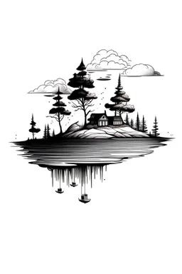 Ink illustration of floating islands in the sky, thin fir trees, floating bridges, small cottage, minimalistic, black and white, fine lines, minimal shading, negative space, in the style of cards