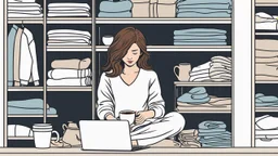 photo of a woman sits in a wardrobe, surrounded by shelves of clothes and working on a laptop, she has half-length brown hair and wearing pajamas , pale light, half socks and a mug of coffee next to her, high detalied, sharp focus, high reality mood, perfect shot