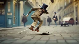 frenchman stomping on a hat on the street