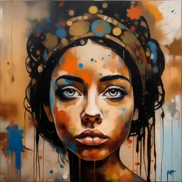 A portrait of a sad young woman with a tiara on her head painted in loose brush strokes by street art artist and Klimt