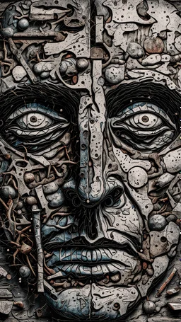 Bosch style painting , A balled face in details . The texture of the face is a collage of many 3D black random letters covering the whole face and the eyes are covered by caves figures