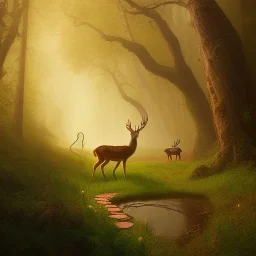 fantasy art, book cover, "As your horse ride deeper into the forest, you begin to see signs of wildlife. A deer dashes across the trail ahead of you. The journey may be long, but in this moment, it feels as though you are exactly where you need to be."