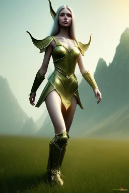 elven young woman, wearing light dress, visible cute femine face, visible and armonious legs and feet, luminous weather, field in the mountains, realistic 3d render, mortal kombat style, unreal engine