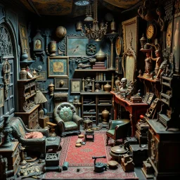 Diorama of old stuff in a room, sharp focus, 8k, 3d, very detailed, volumetric light, grim, fine art, very colorful, ornate, 35mm, F/2.8, insanely detailed and intricate, hypermaximalist, super detailed, decadent