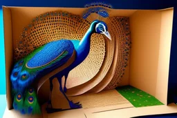 peacock scene made from torn cardboard boxes in sunshine