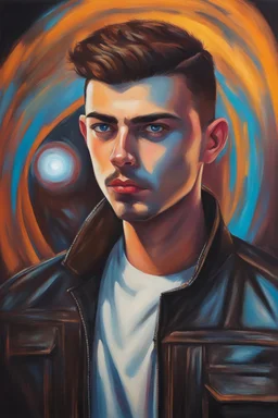 18-year-old Elvin P. Resley with crew-cut dark brown hair tapered on the sides, bangs over the forehead, goatee, bushy eyebrows, blue eyes, wearing a leather jacket - resembles Elvis Presley, pitch black background with an overhead spotlight effect, extremely colorful, oil painting by Gerald Brom