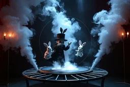 ai magic show presentation wow effect smoke bunnies awesome awesome magician with scary hat on trampoline portal awake within a dream inside a saw blade