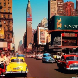 Picture 1950's street life, people, New York, blurry, abstractism, colours, strong texture, 3d, chaotic