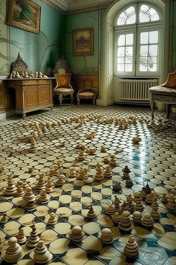 in a room thats just huge sea shells and on the floor in a huge chess board
