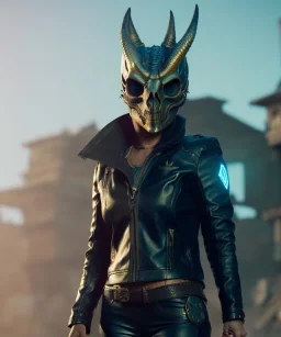 A badass Sofia Buttela wearing a dragon skull mask, atmospheric, realistic, unreal engine, cinematic lighting, octane render.